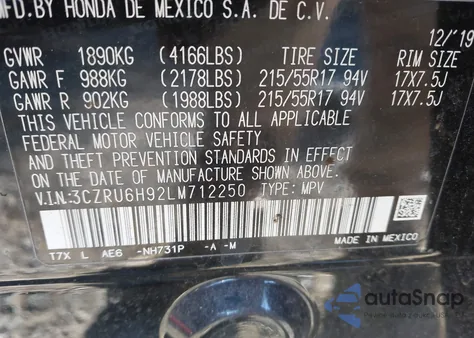 2020 Honda Hr-V Awd Touring из США, поврежденный, VIN 3CZRU6H92LM712250